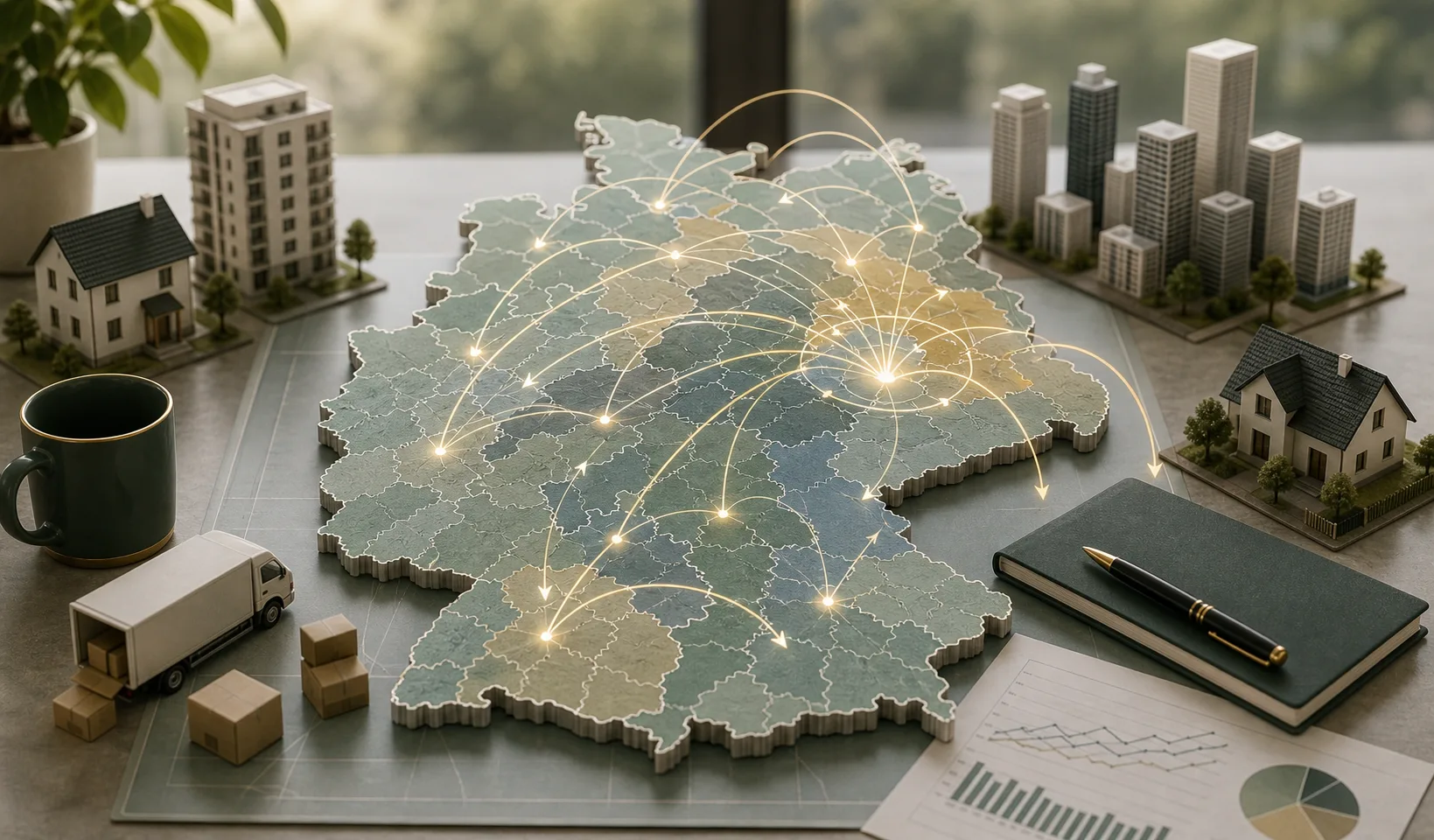 Binnenwanderung in Deutschland mit Bewegungslinien zwischen Regionen und Wohnmodellen