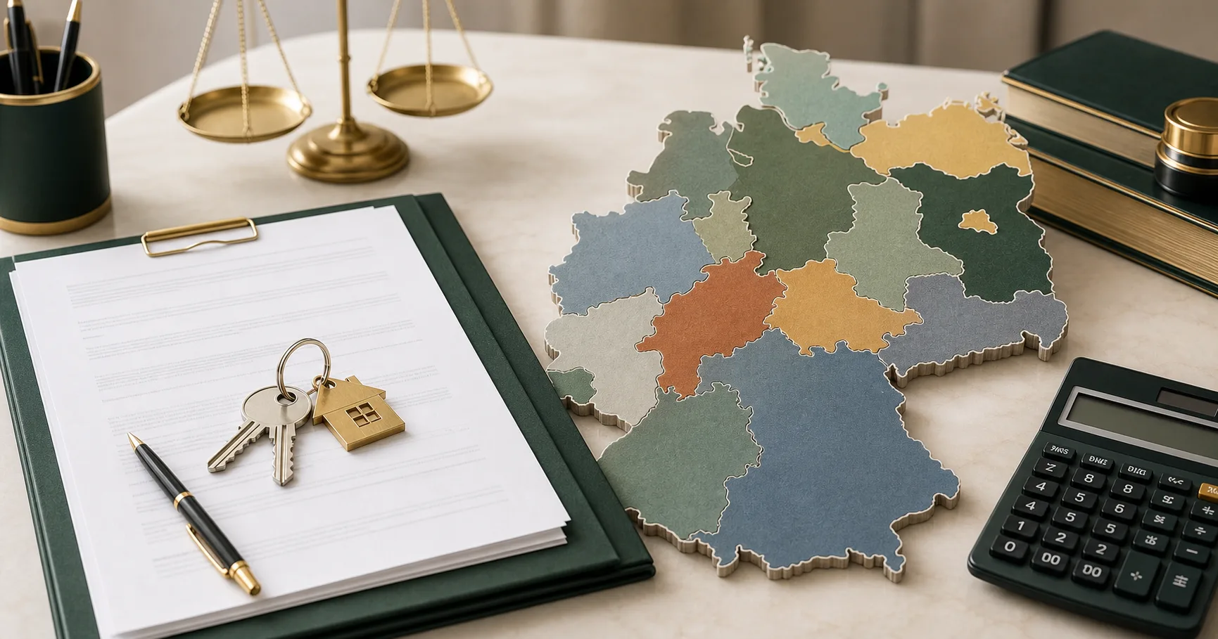 Deutscher Immobilienkauf mit Vertrag, Hausschlüssel, Rechner und Bundeslandkarte