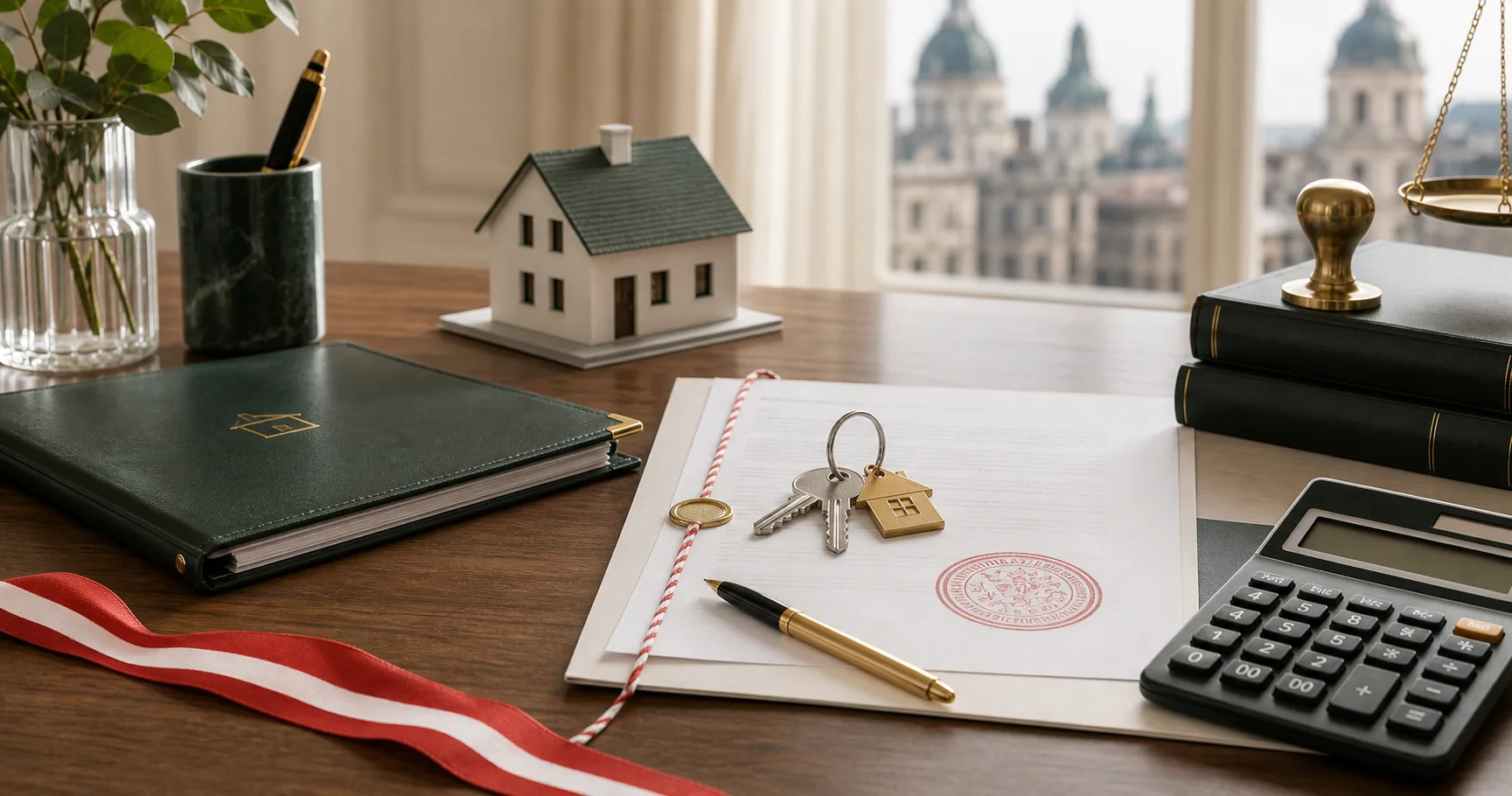 Austrianischer Immobilienkauf mit Vertrag, Hausschlüssel, Rechner und Steuerunterlagen
