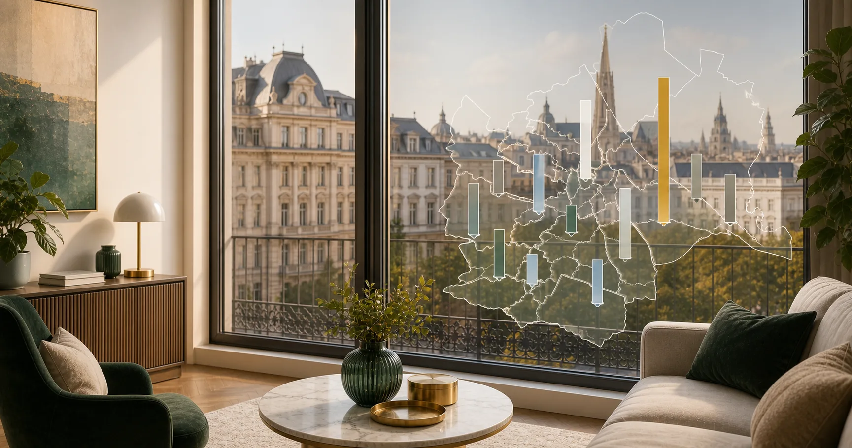 Wiener Wohnung mit Stadtblick und abstrakter Bezirkskarte mit Preisbalken